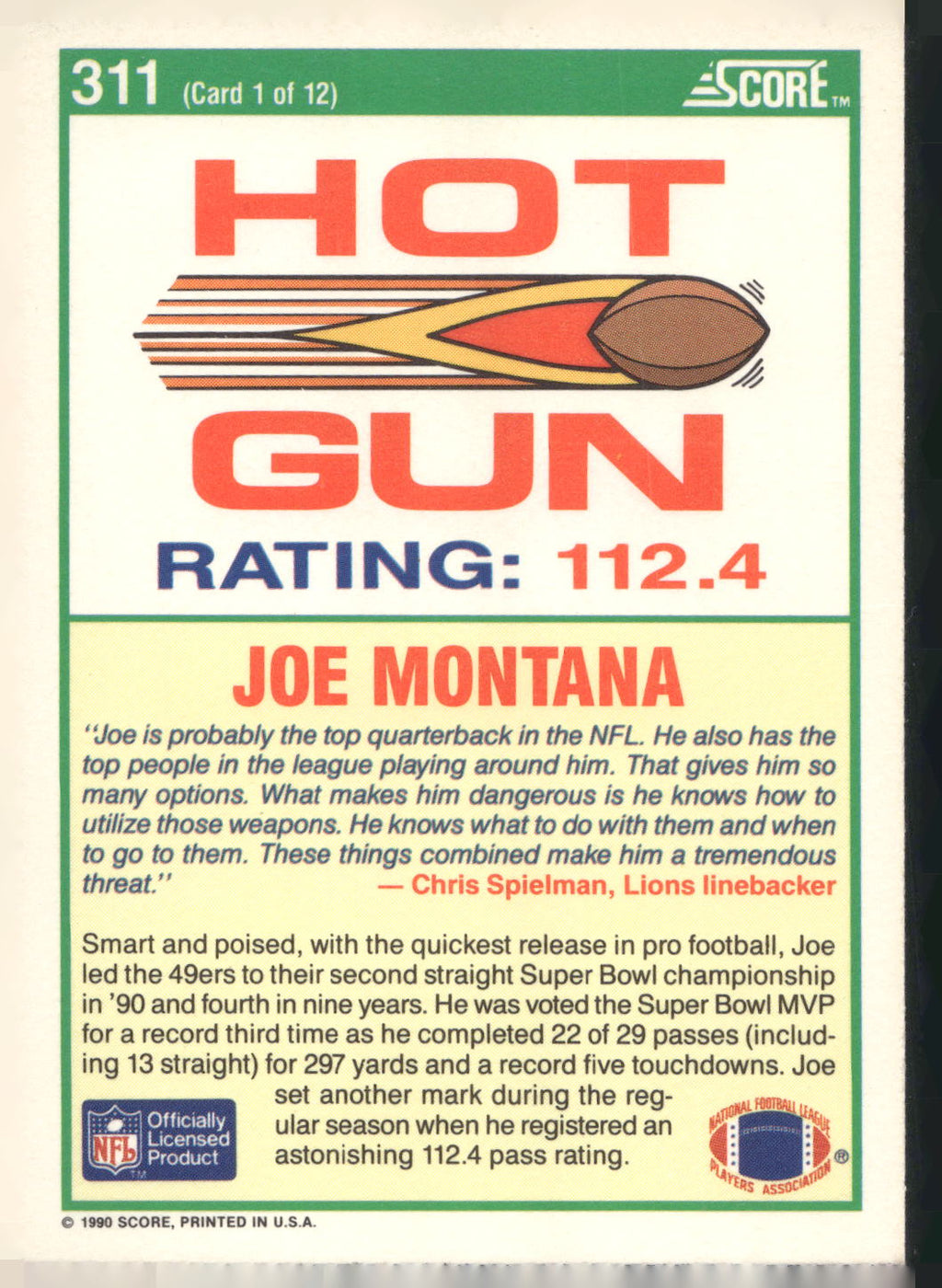 1990 Score #311 Joe Montana