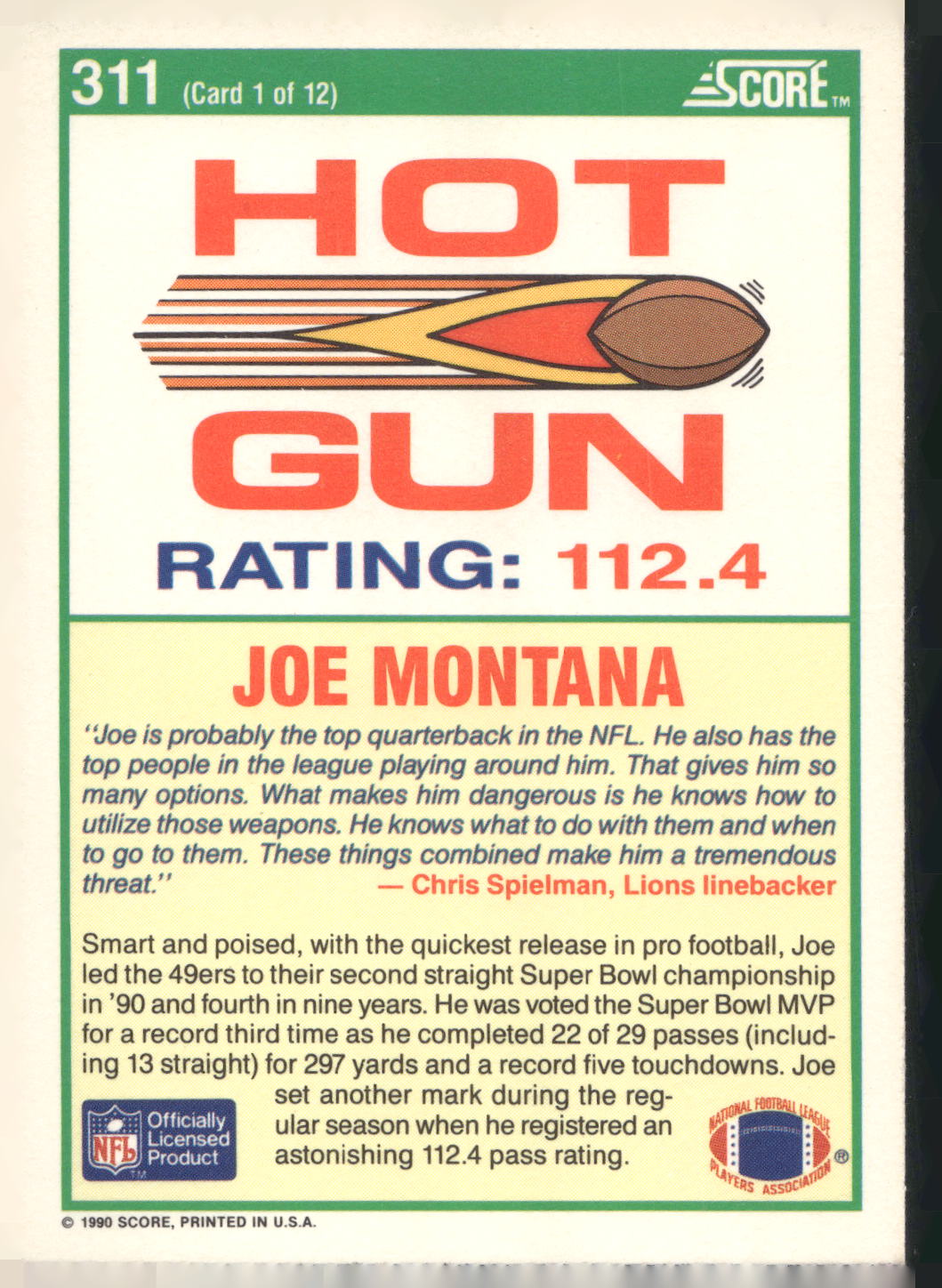 1990 Score #311 Joe Montana