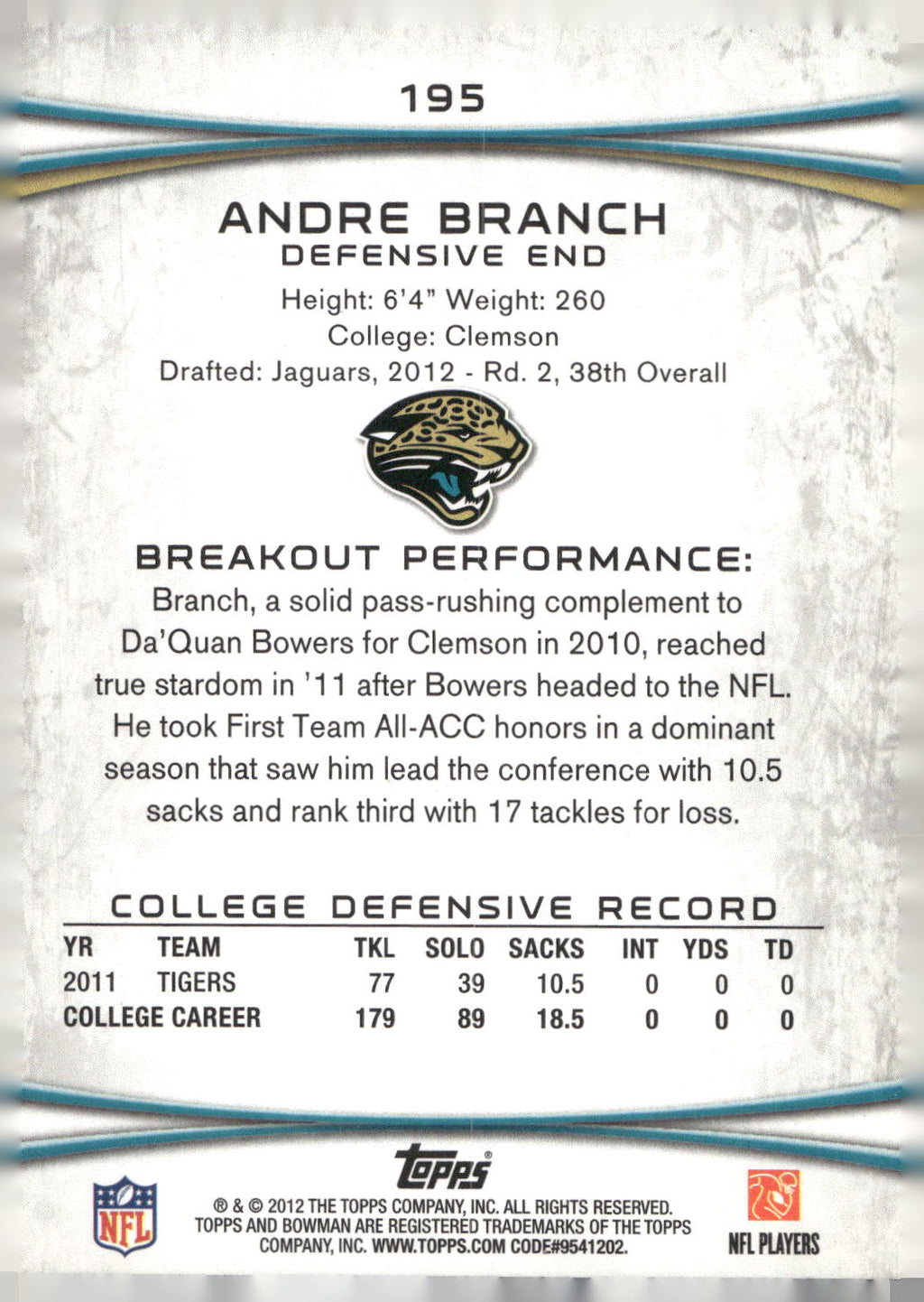2012 Bowman #195 Andre Branch