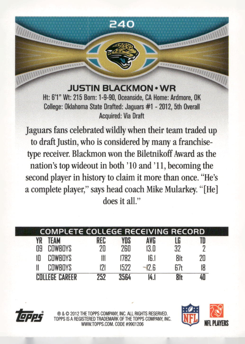 2012 Topps #240c Justin Blackmon