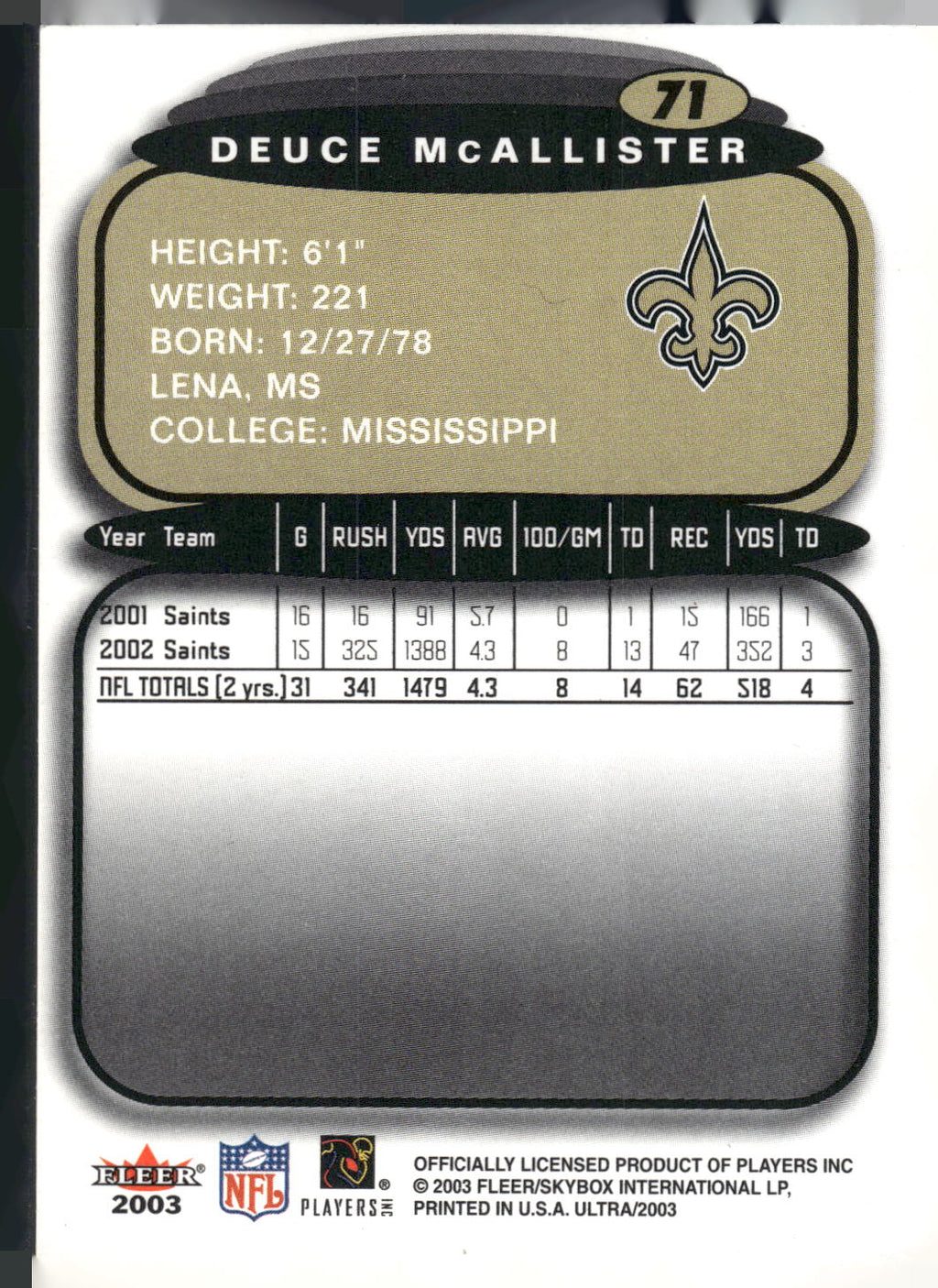 2003 Ultra #71 Deuce McAllister