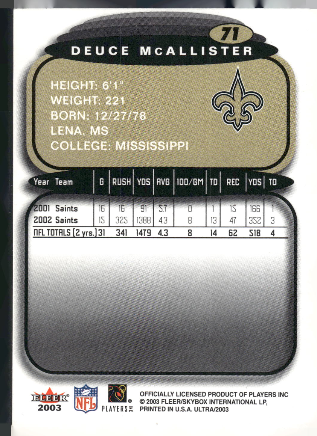 2003 Ultra #71 Deuce McAllister