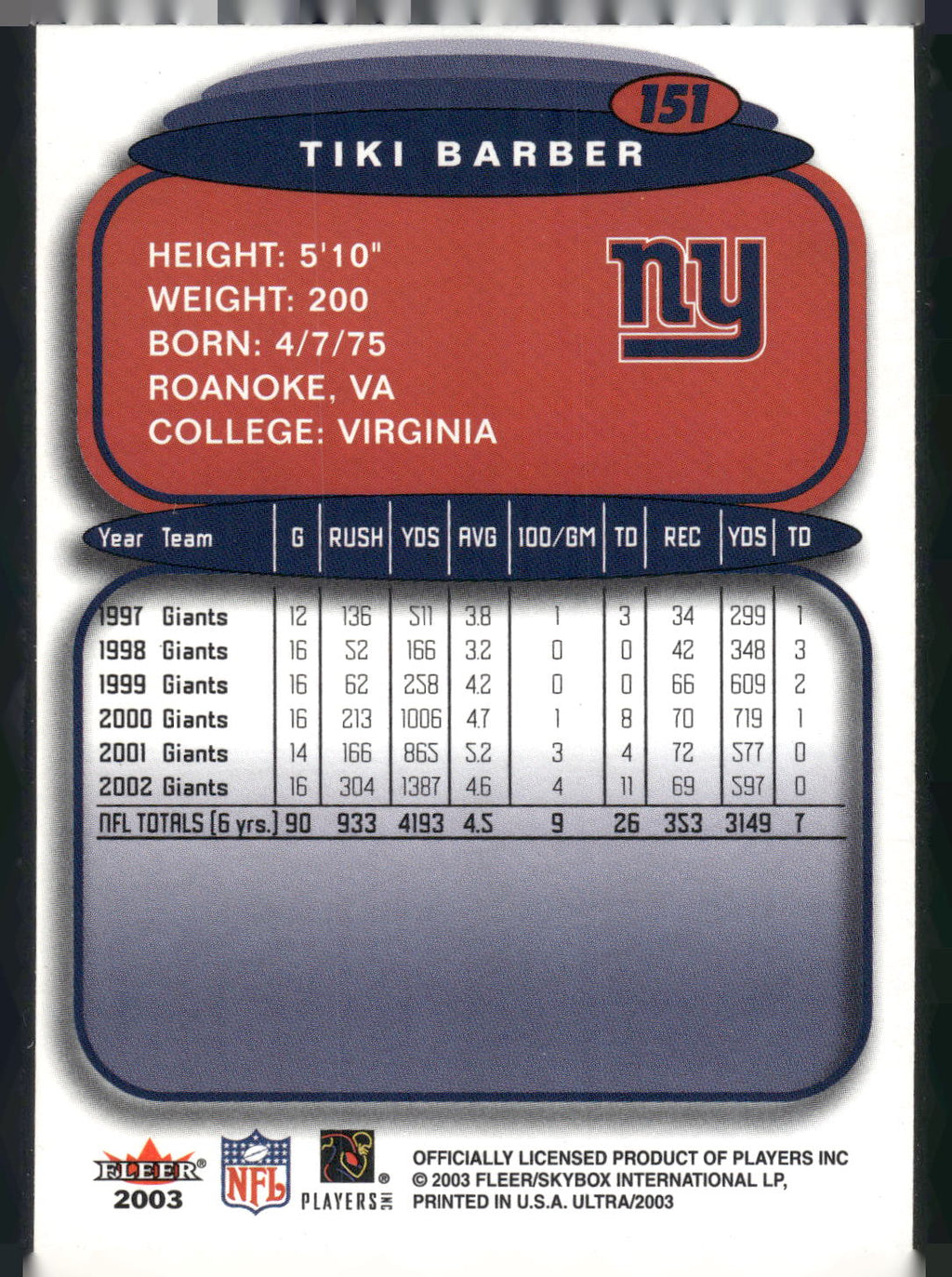 2003 Ultra #151 Tiki Barber