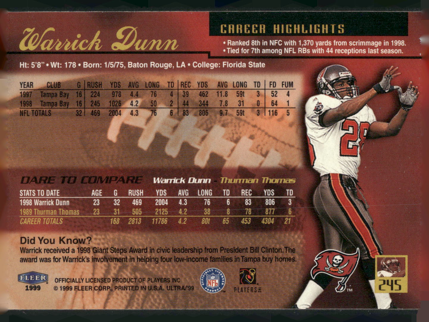 1999 Ultra #245 Warrick Dunn