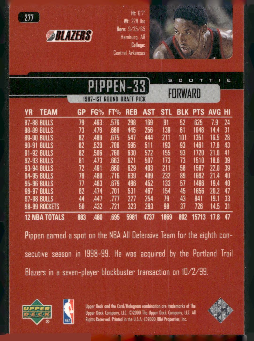 1999-00 Upper Deck #277 Scottie Pippen