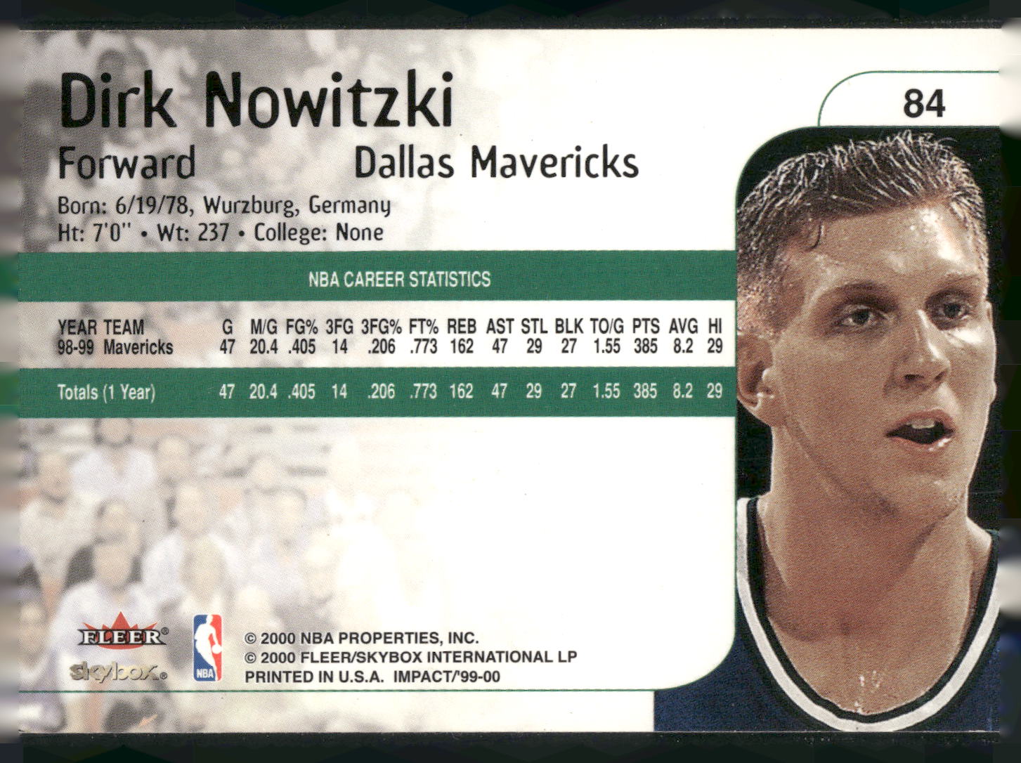 1999-00 SkyBox Impact #84 Dirk Nowitzki
