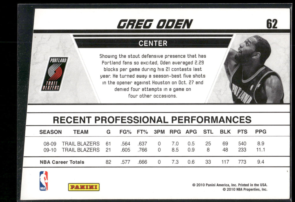 2010-11 Donruss #62 Greg Oden Production Line Die Cuts Emerald