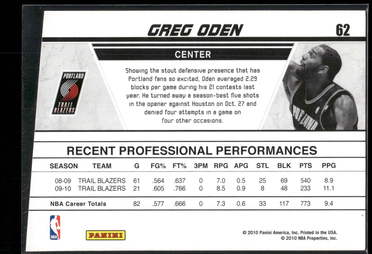 2010-11 Donruss #62 Greg Oden Production Line Die Cuts Emerald