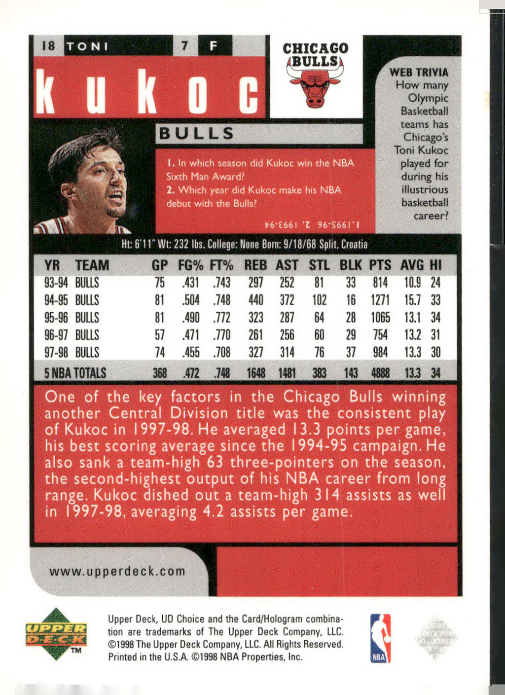 1998-99 UD Choice #18 Toni Kukoc