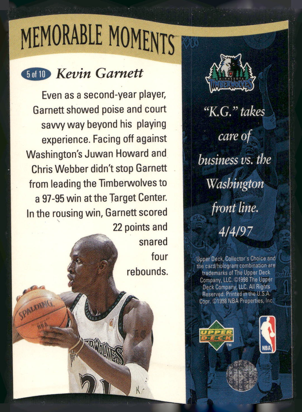 1997-98 Collector's Choice #5 Kevin Garnett Memorable Moments