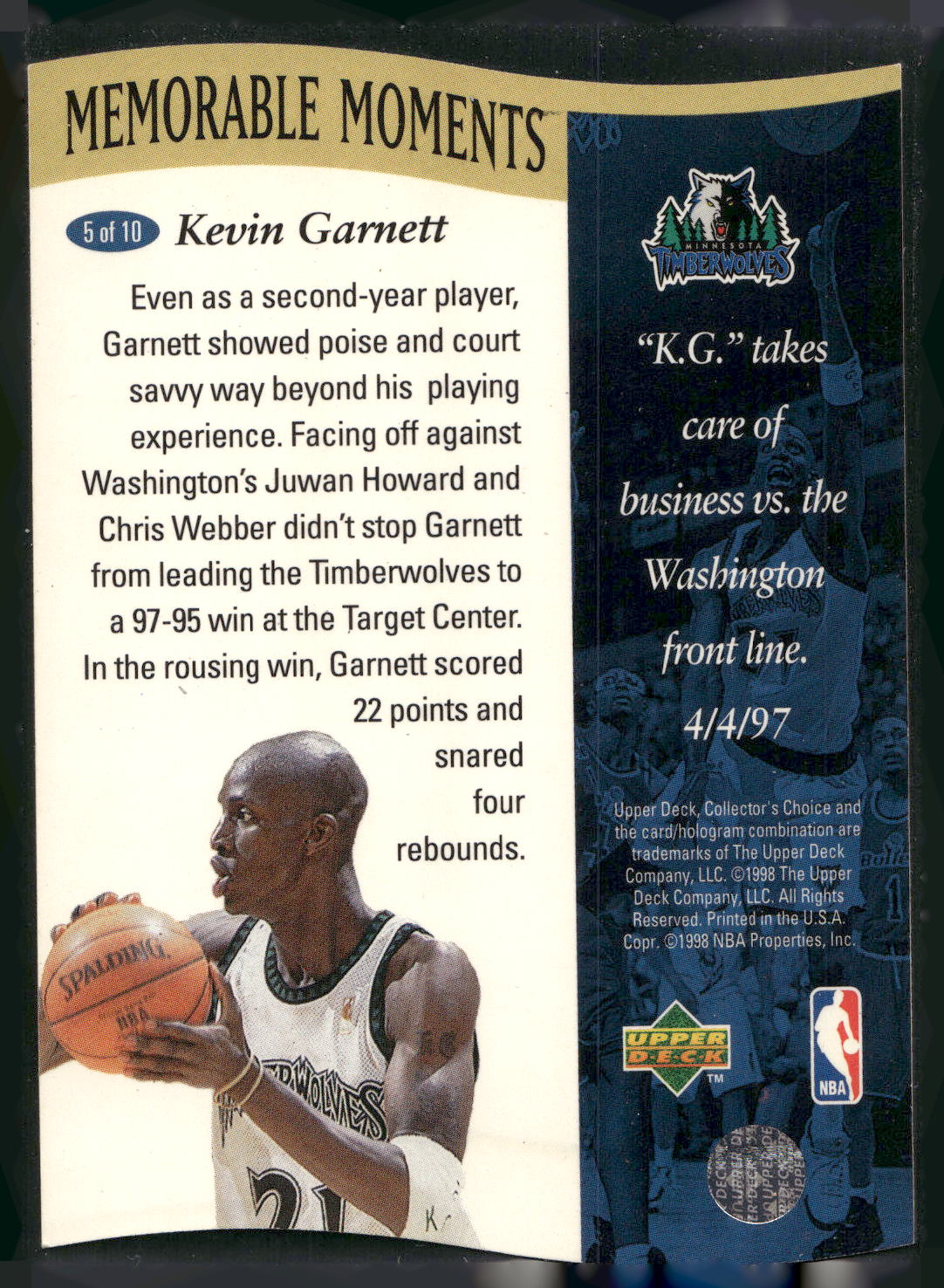 1997-98 Collector's Choice #5 Kevin Garnett Memorable Moments