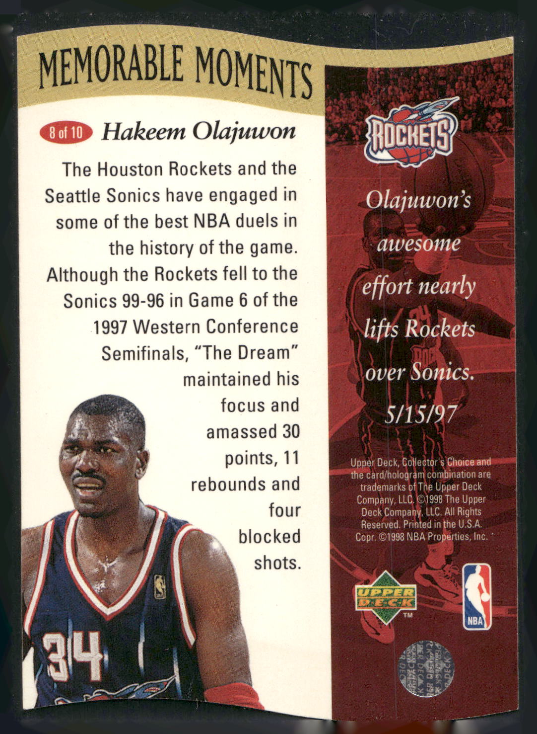 1997-98 Collector's Choice #8 Hakeem Olajuwon Memorable Moments