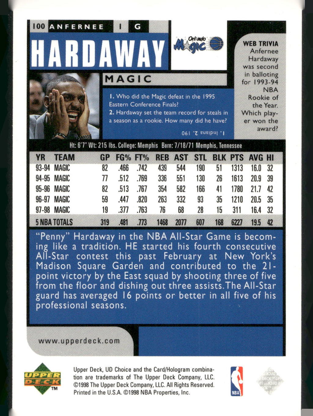 1998-99 UD Choice Preview #100 Anfernee Hardaway
