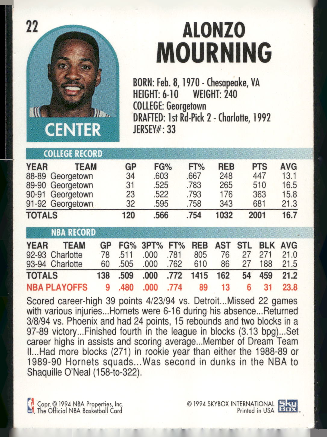 1994-95 Hoops #22 Alonzo Mourning
