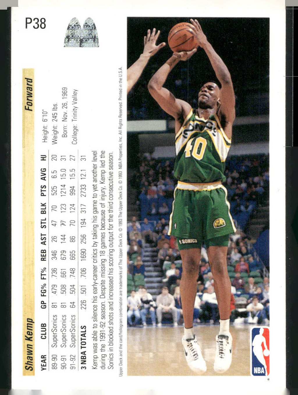 1992-93 Upper Deck McDonald's #P38 Shawn Kemp
