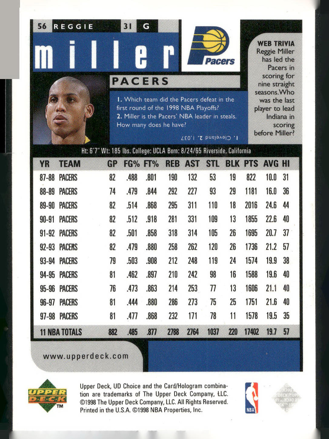 1998-99 UD Choice #56 Reggie Miller