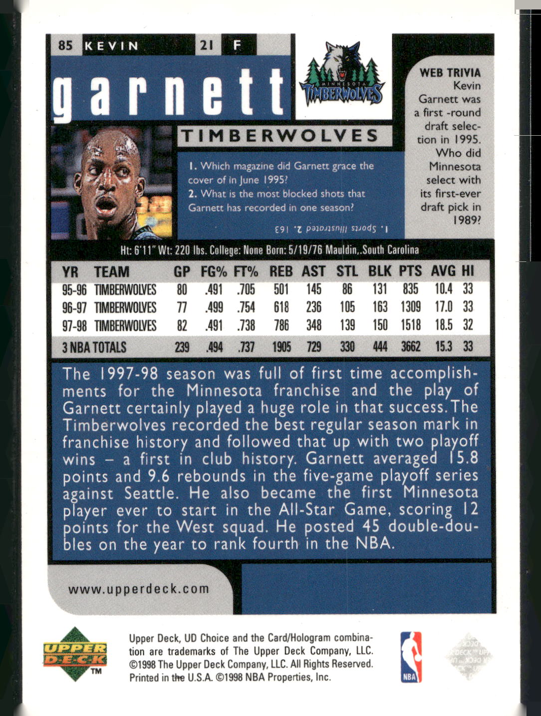 1998-99 UD Choice #85 Kevin Garnett