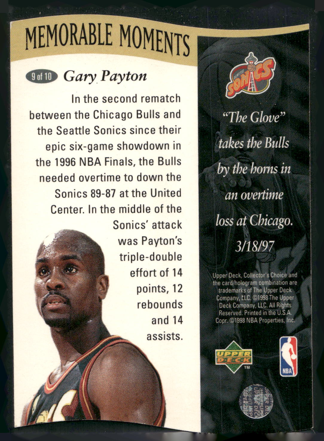 1997-98 Collector's Choice #9 Gary Payton Memorable Moments
