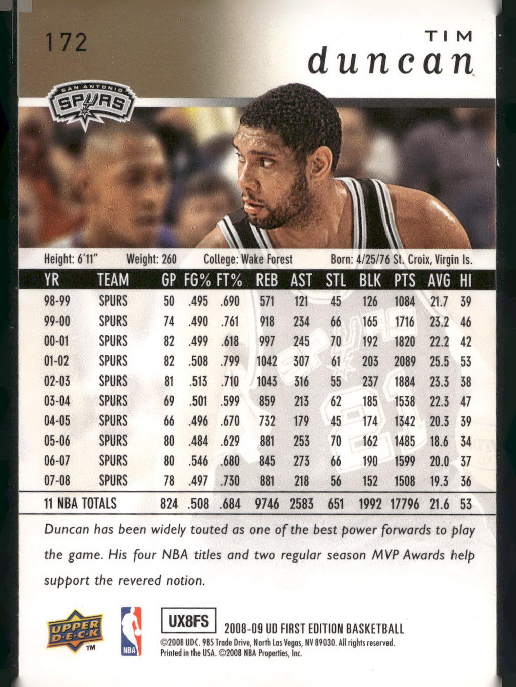 2008-09 Upper Deck First Edition #172 Tim Duncan