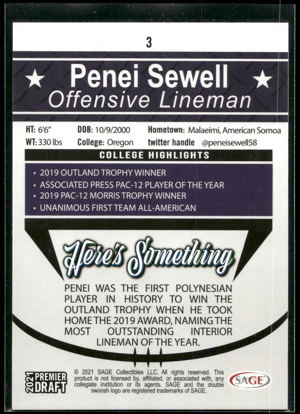 2021 SAGE Premier Draft #3 Penei Sewell