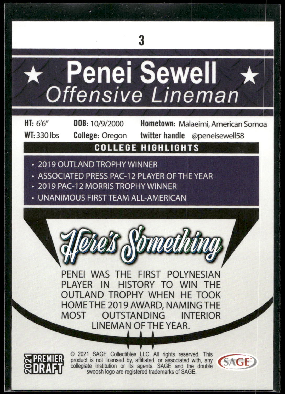 2021 SAGE Premier Draft #3 Penei Sewell