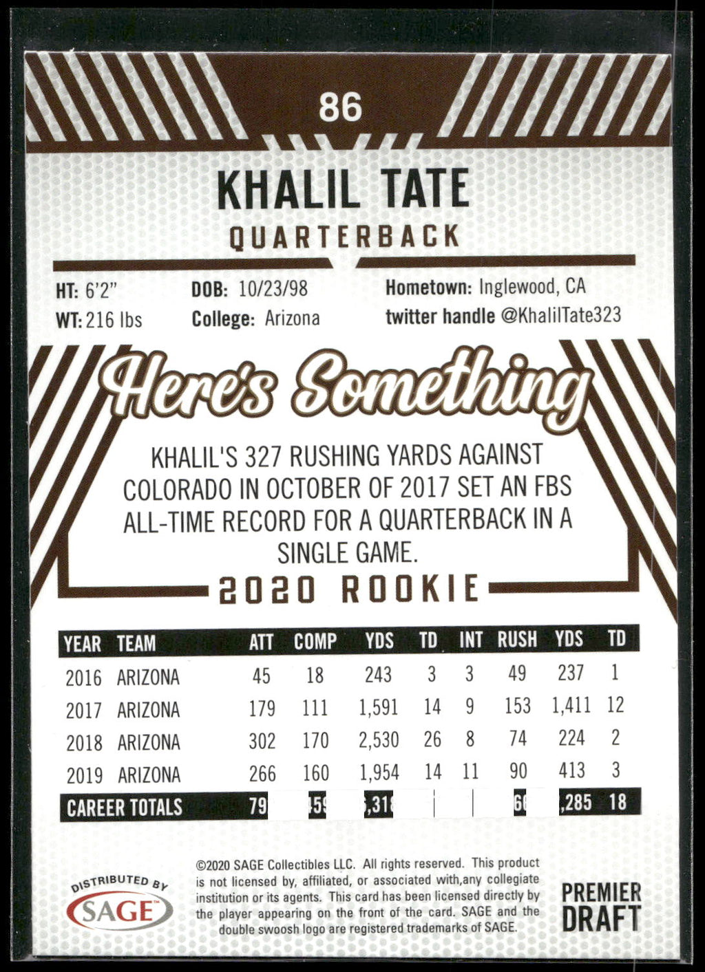 2020 SAGE HIT #86 Khalil Tate Red
