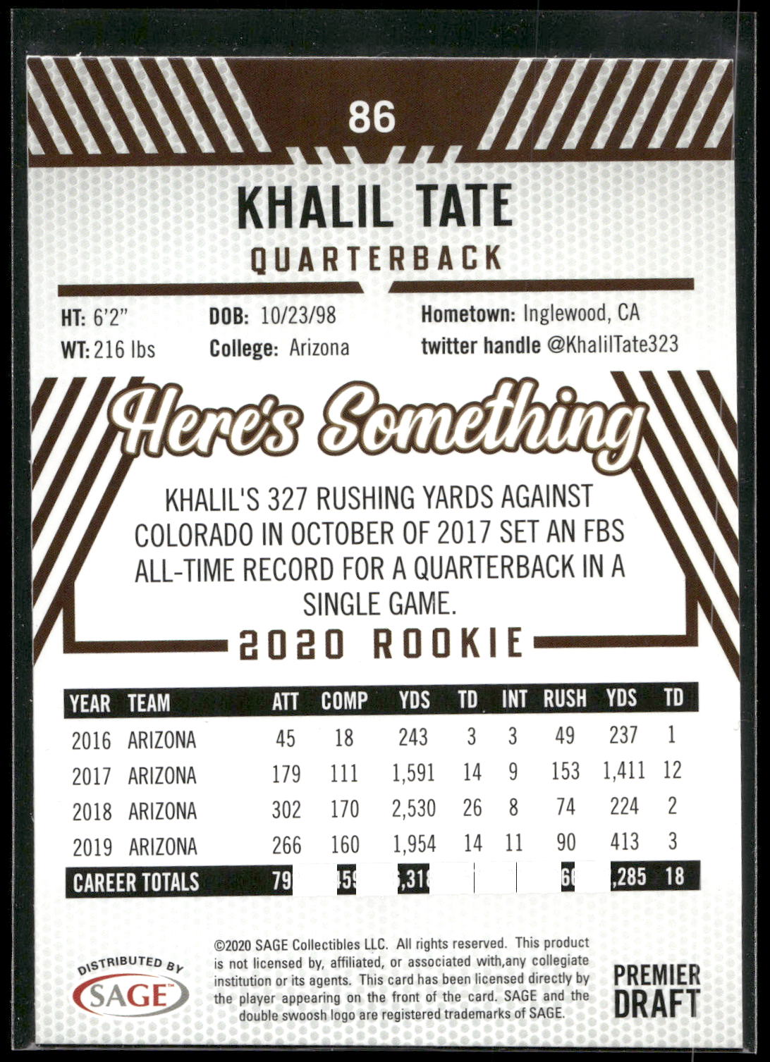 2020 SAGE HIT #86 Khalil Tate Red