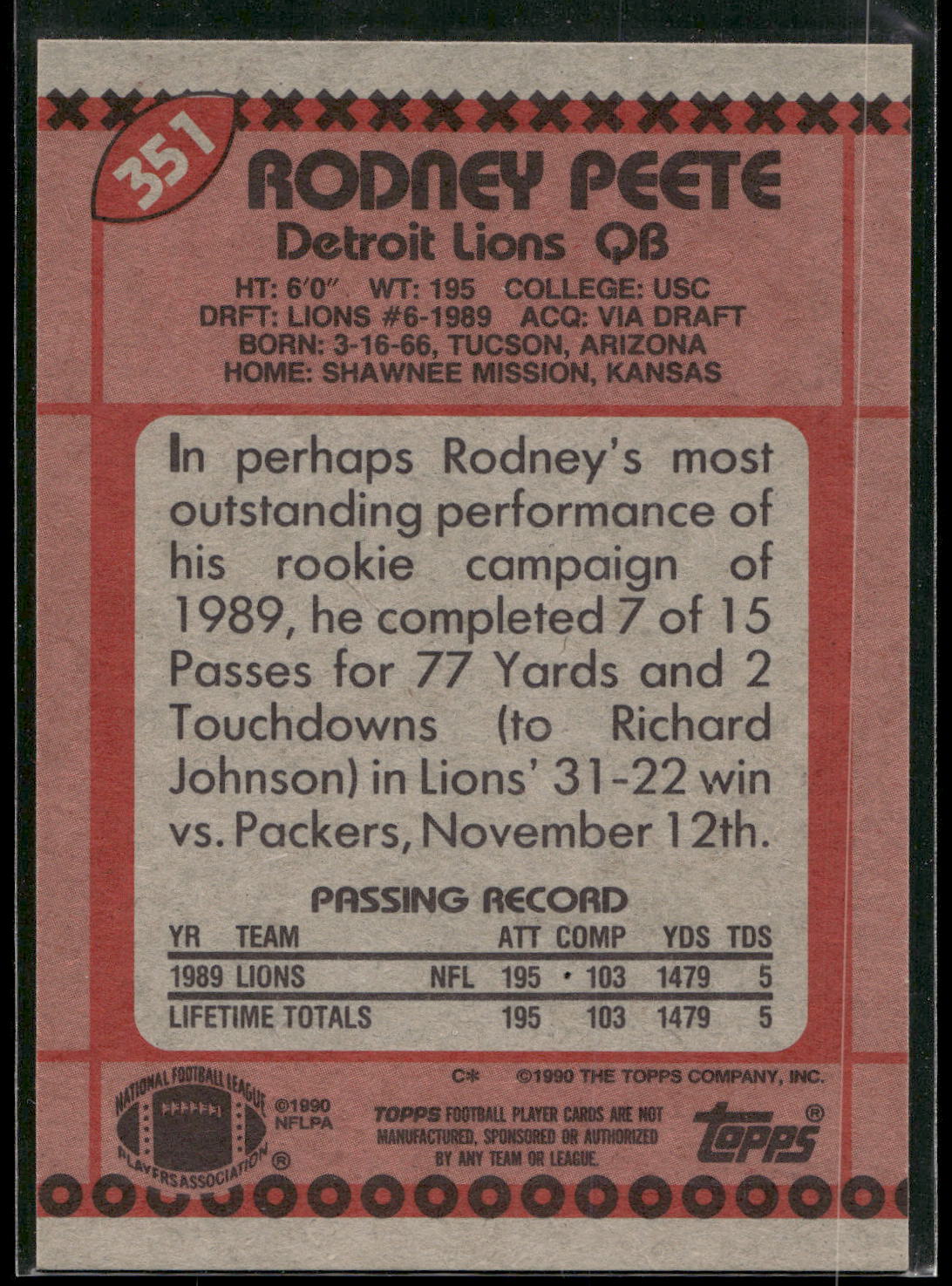 1990 Topps #351 Rodney Peete