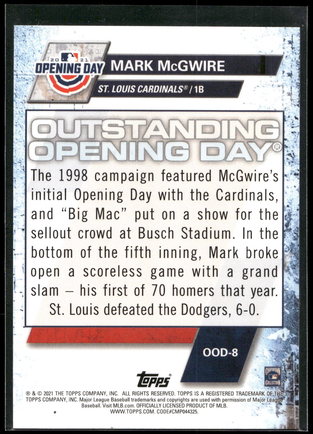 2021 Topps Opening Day #OOD-8 Mark McGwire Outstanding Opening Day