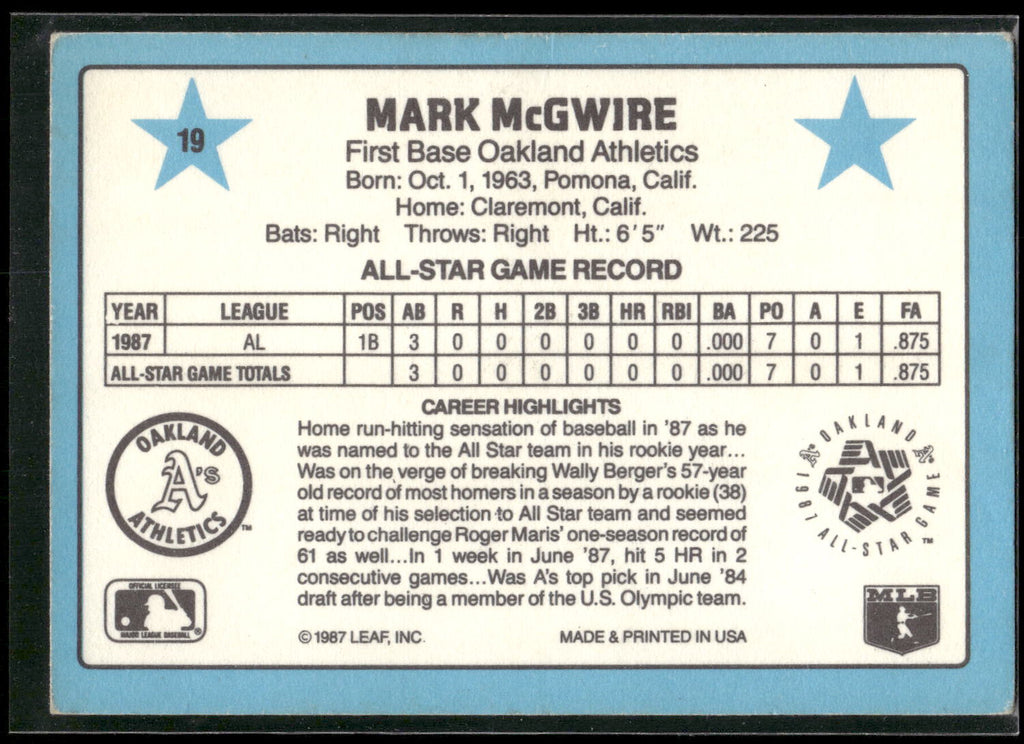 1988 Donruss All-Stars #19 Mark McGwire