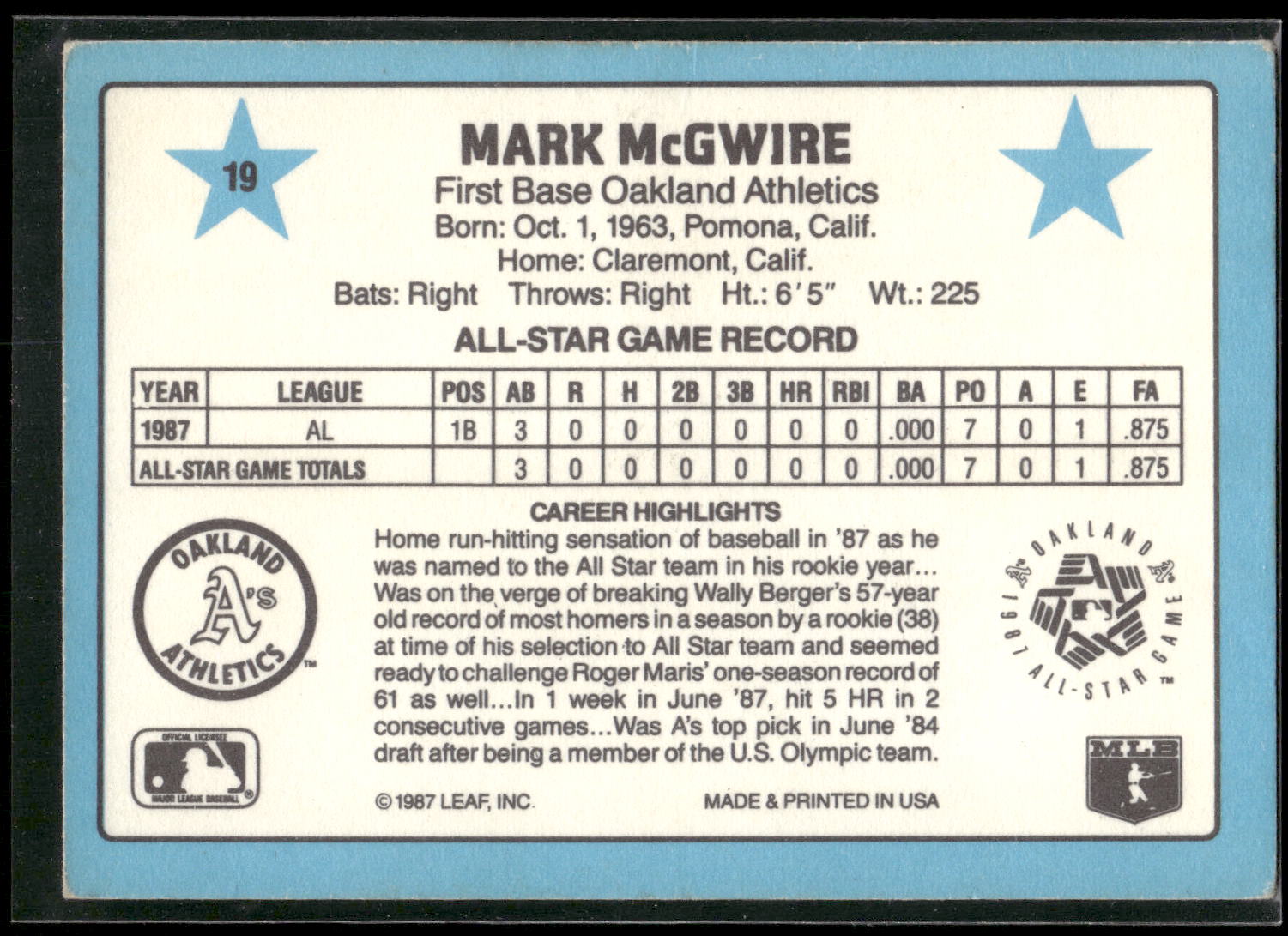 1988 Donruss All-Stars #19 Mark McGwire