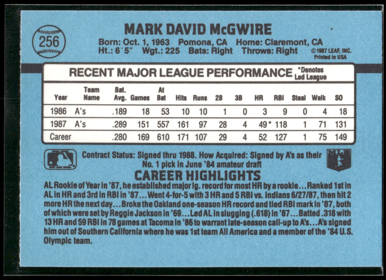 1988 Donruss #256 Mark McGwire