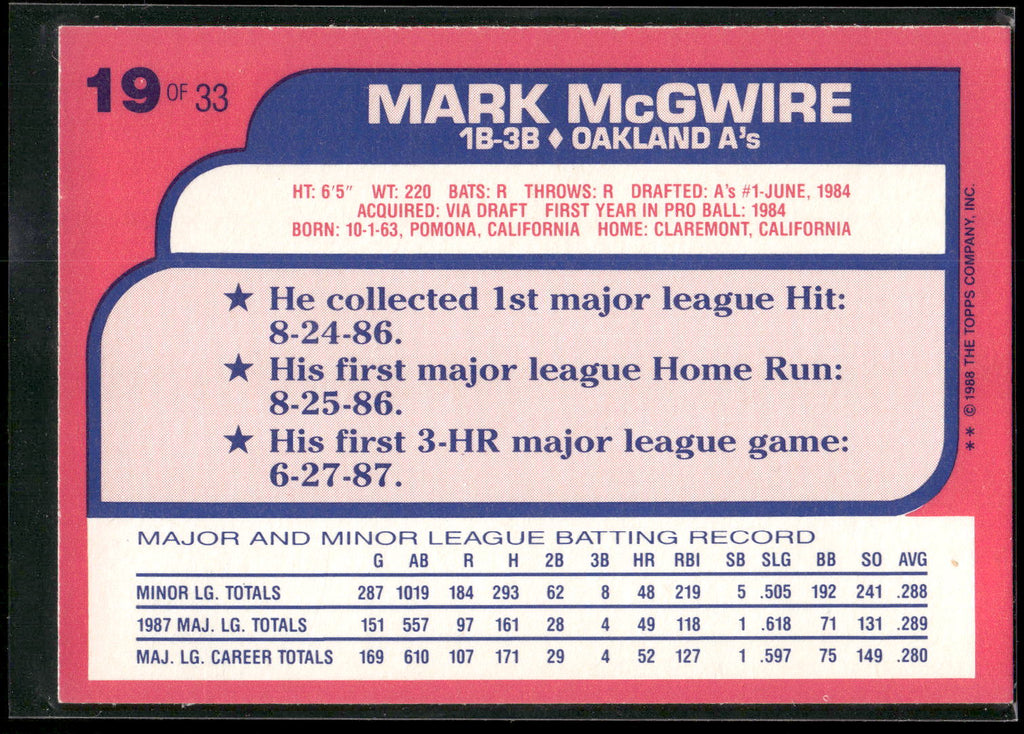 1988 Topps Toys "R" Us Rookies #19 Mark McGwire