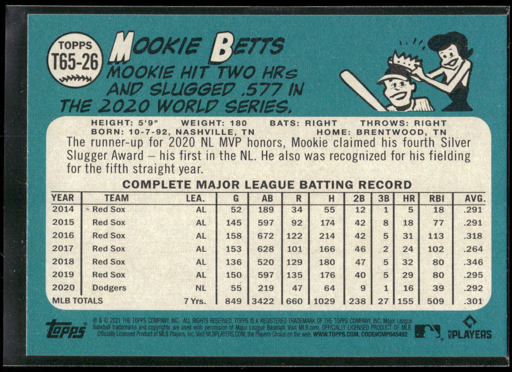 2021 Topps #T65-26 Mookie Betts 1965 Topps Redux