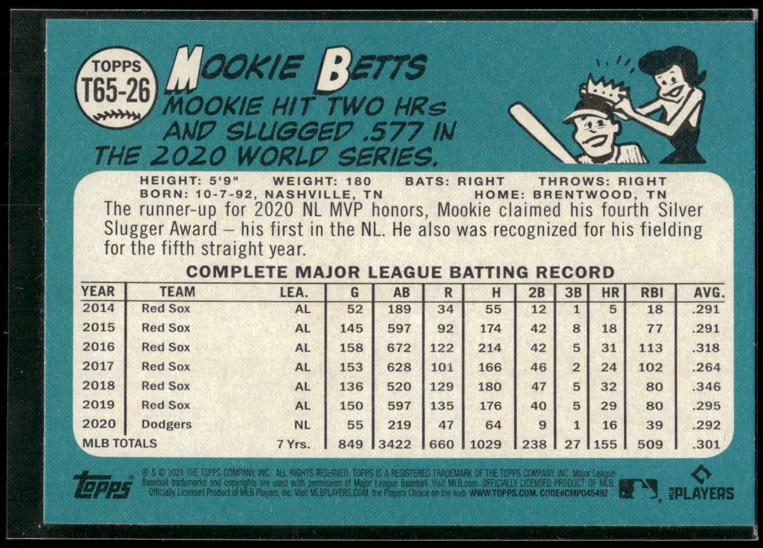 2021 Topps #T65-26 Mookie Betts 1965 Topps Redux