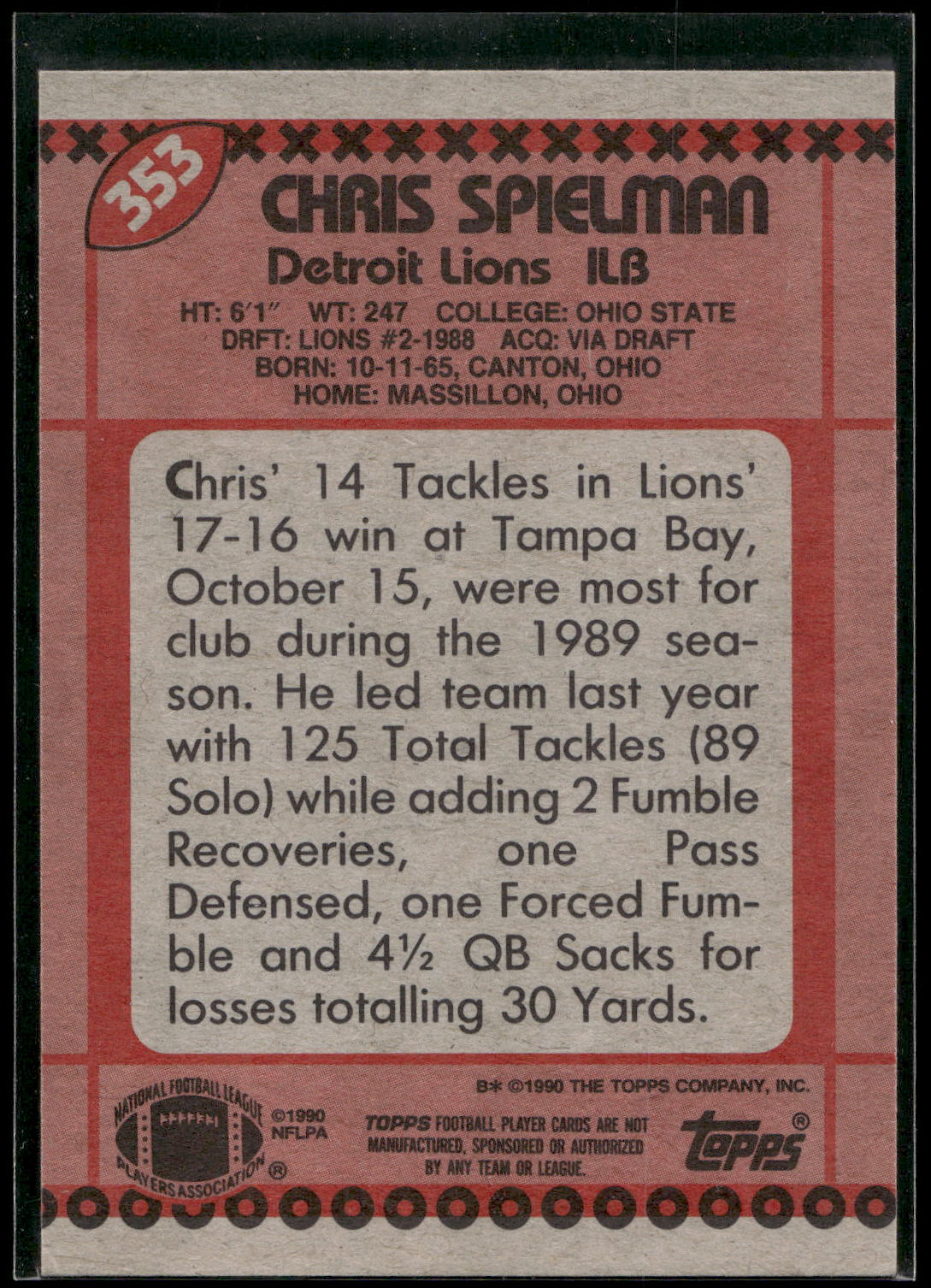1990 Topps #353 Chris Spielman