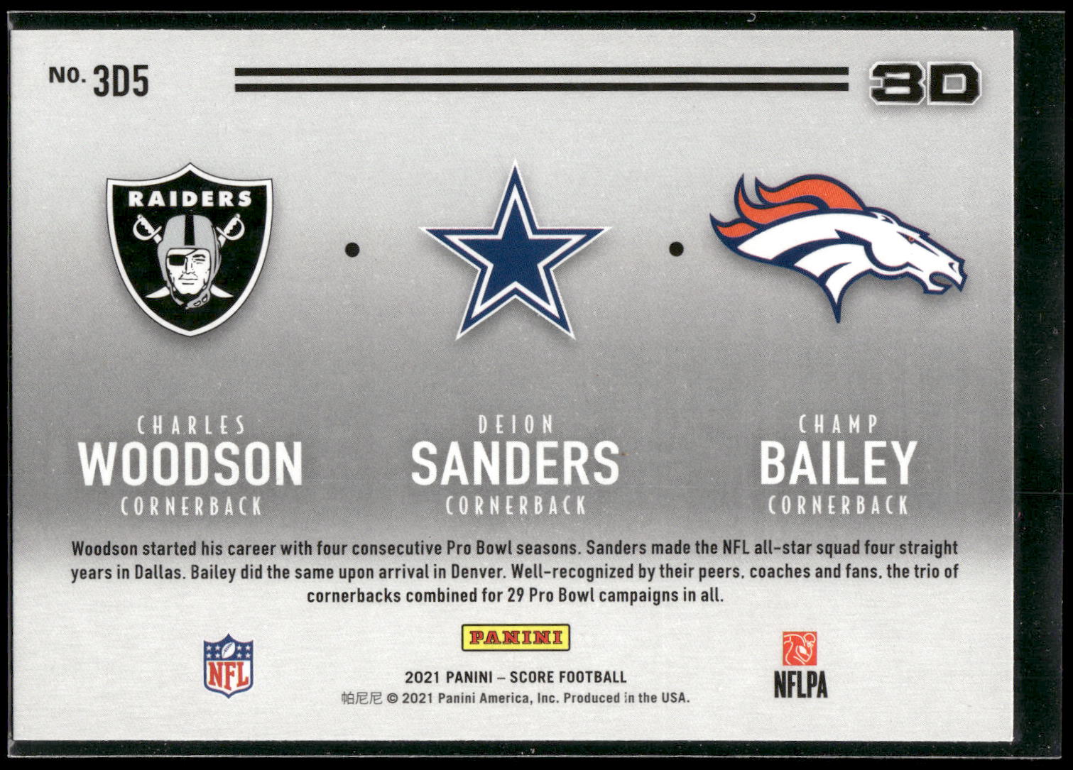 2021 Score #3D5 Champ Bailey / Charles Woodson / Deion Sanders 3D