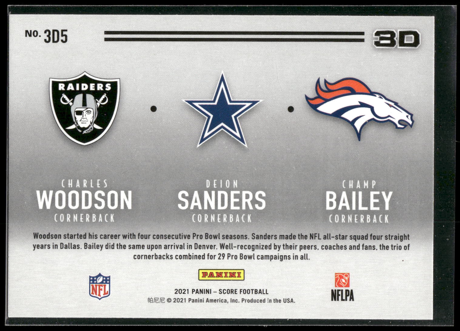 2021 Score #3D5 Champ Bailey / Charles Woodson / Deion Sanders 3D