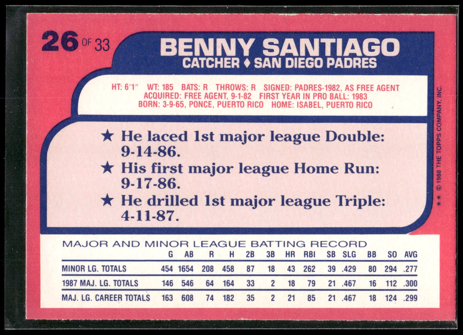 1988 Topps Toys "R" Us Rookies #26 Benny Santiago