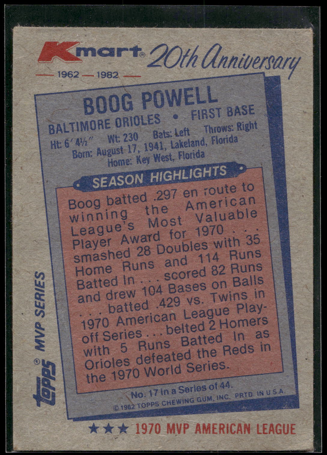 1982 Topps Kmart 20th Anniversary AL & NL MVP's #17 Boog Powell