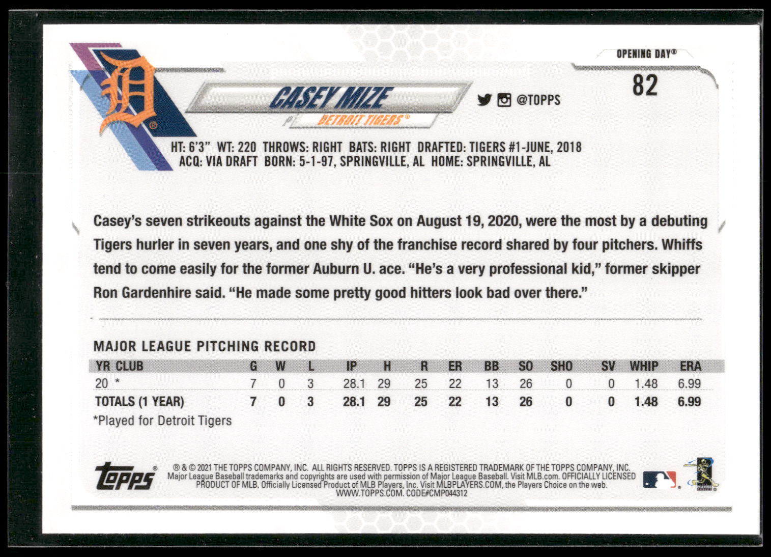2021 Topps Opening Day #82 Casey Mize