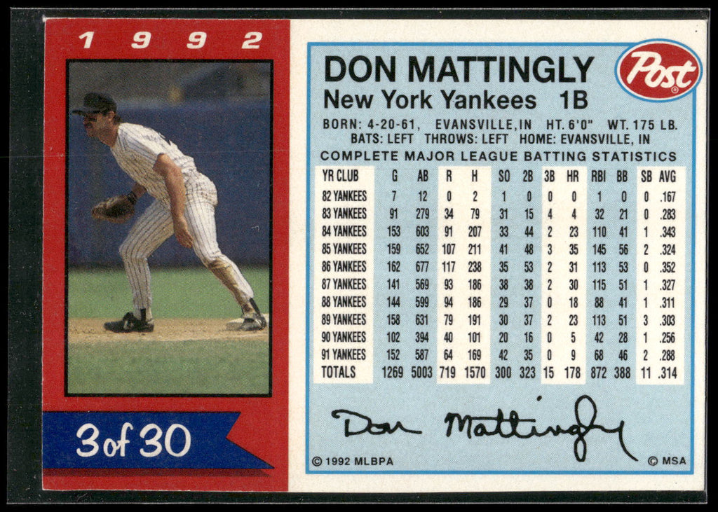 1992 Post Cereal #3 Don Mattingly
