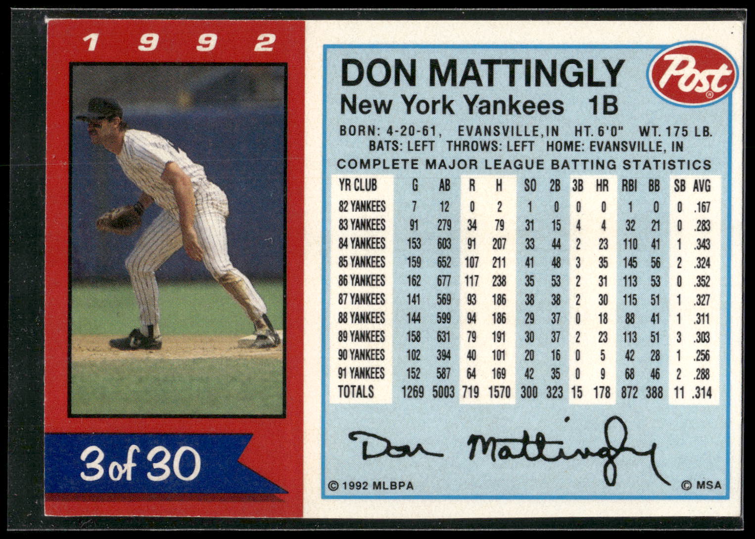 1992 Post Cereal #3 Don Mattingly
