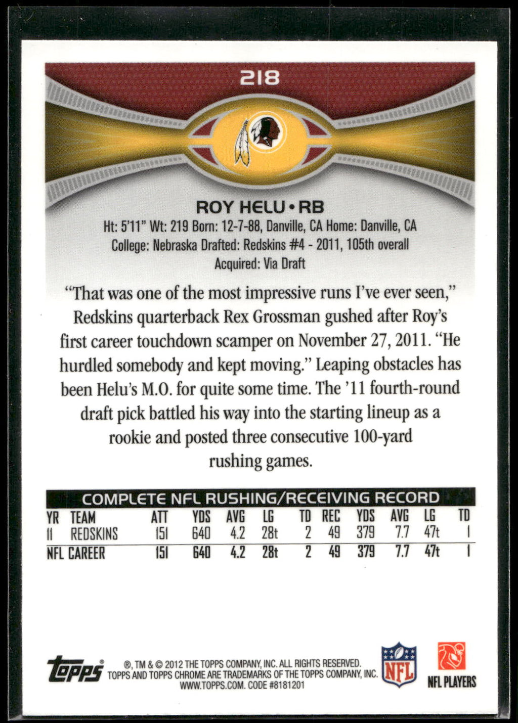 2012 Topps Chrome #218 Roy Helu