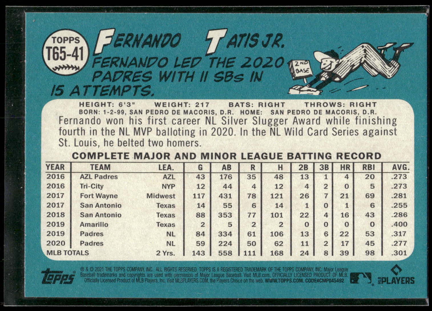 2021 Topps #T65-41 Fernando Tatis Jr. 1965 Topps Redux