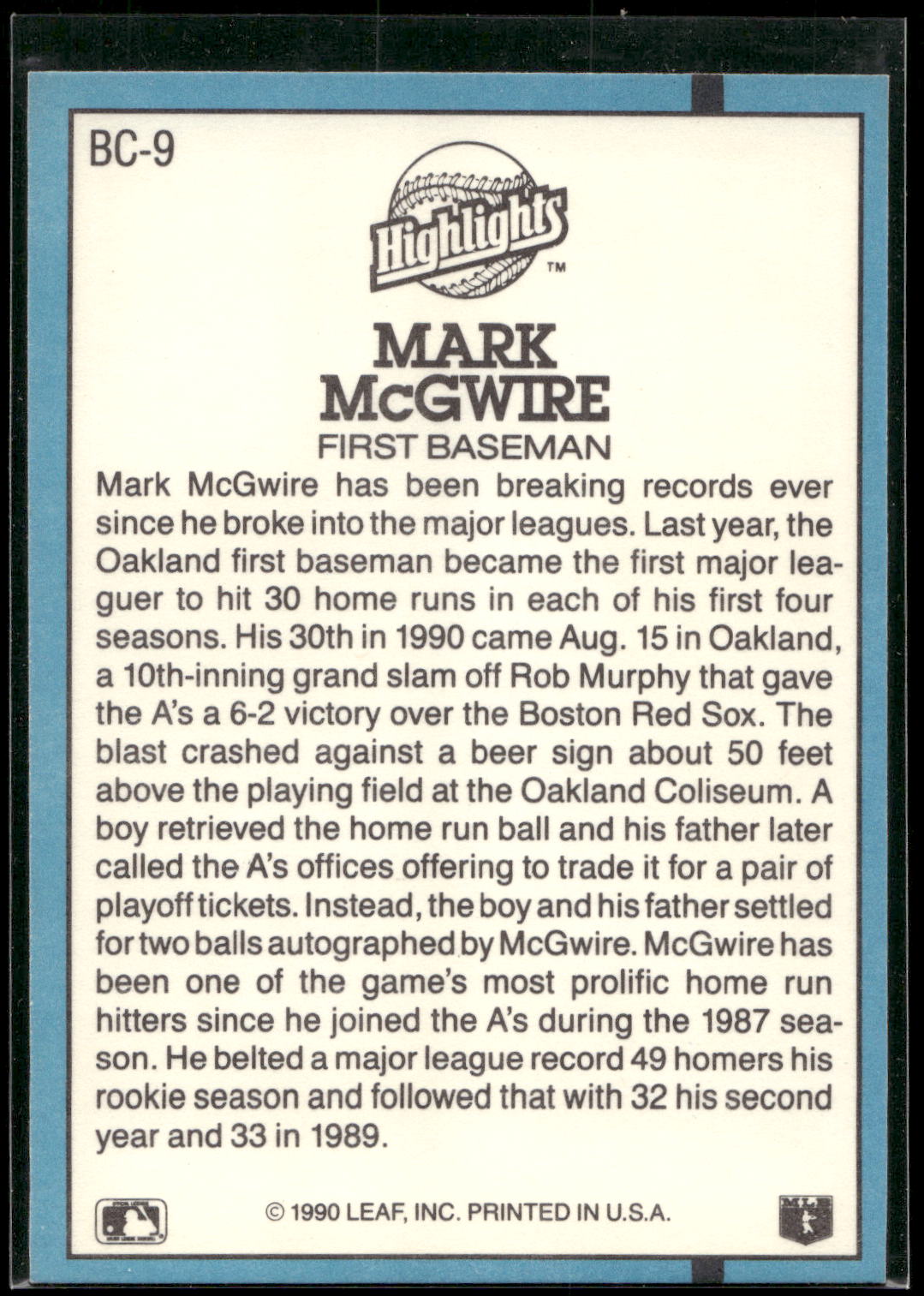 1991 Donruss #BC-9 Mark McGwire Bonus Cards
