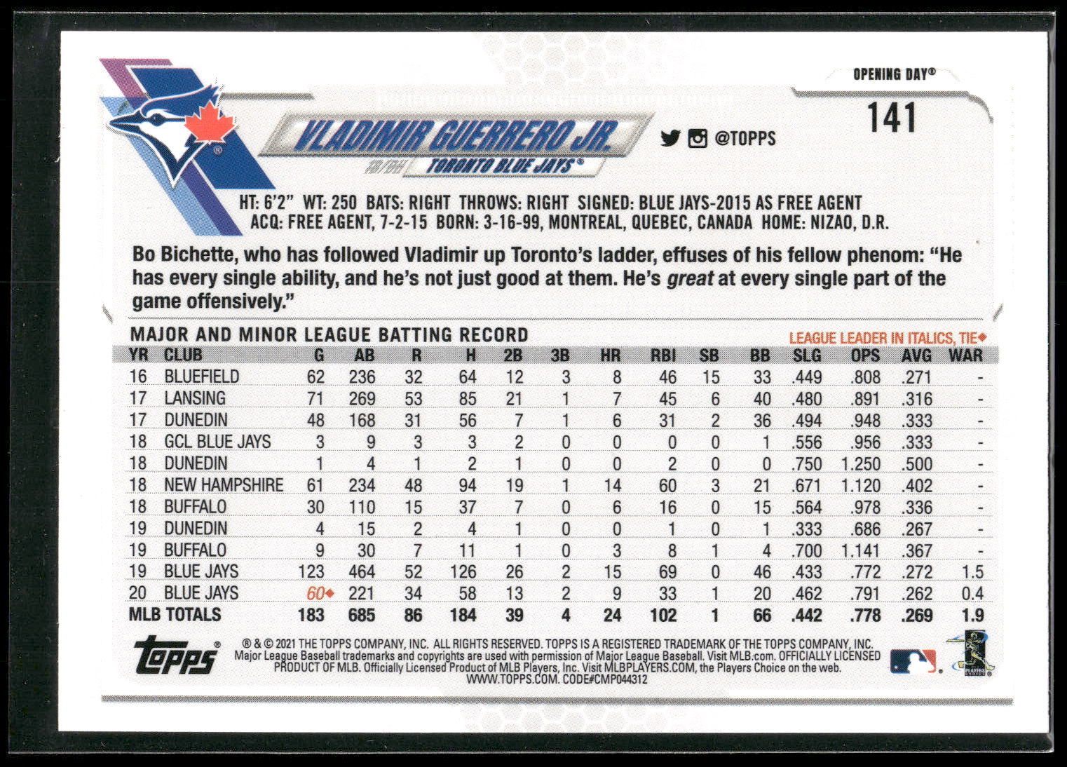 2021 Topps Opening Day #141 Vladimir Guerrero Jr.