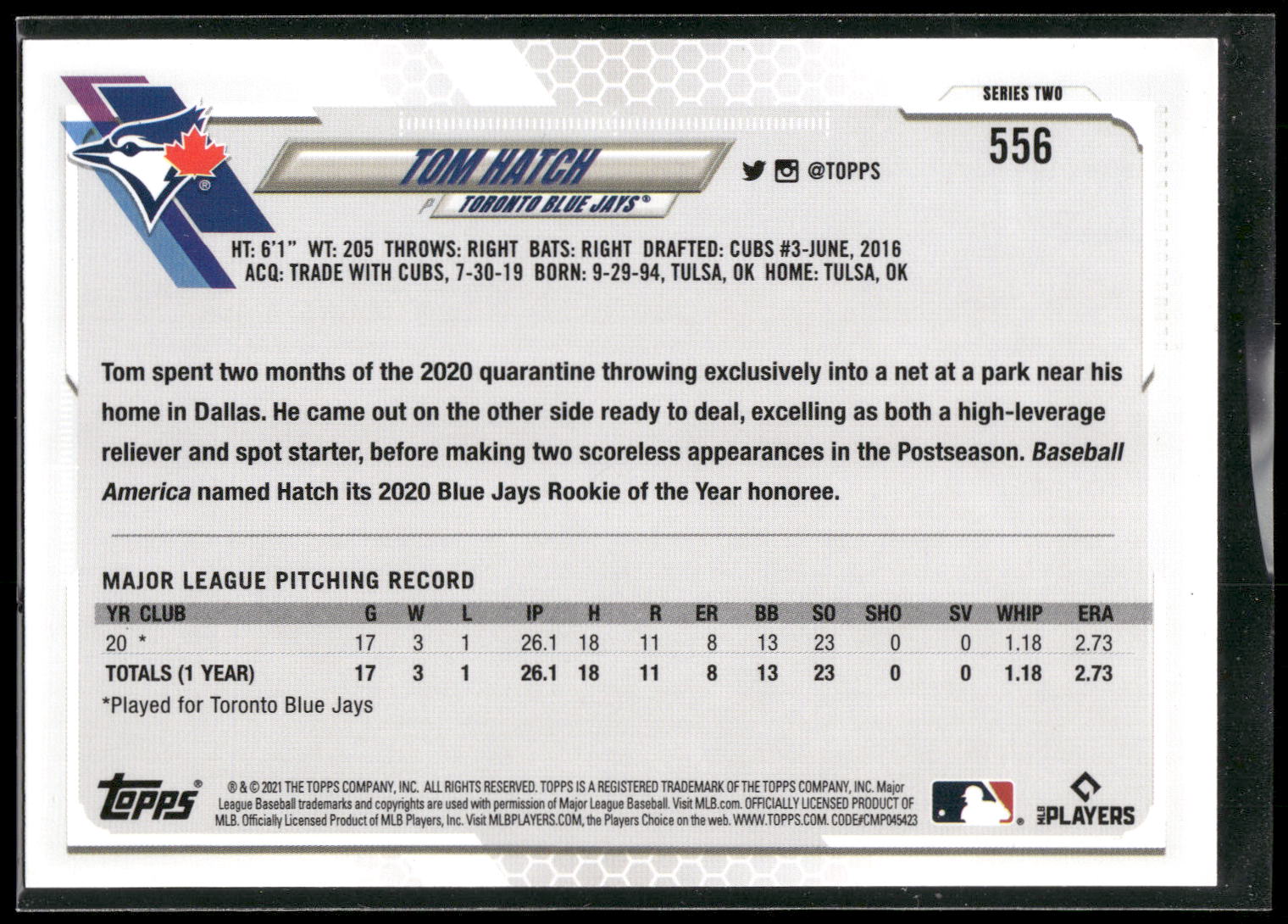 2021 Topps #556 Tom Hatch Yellow