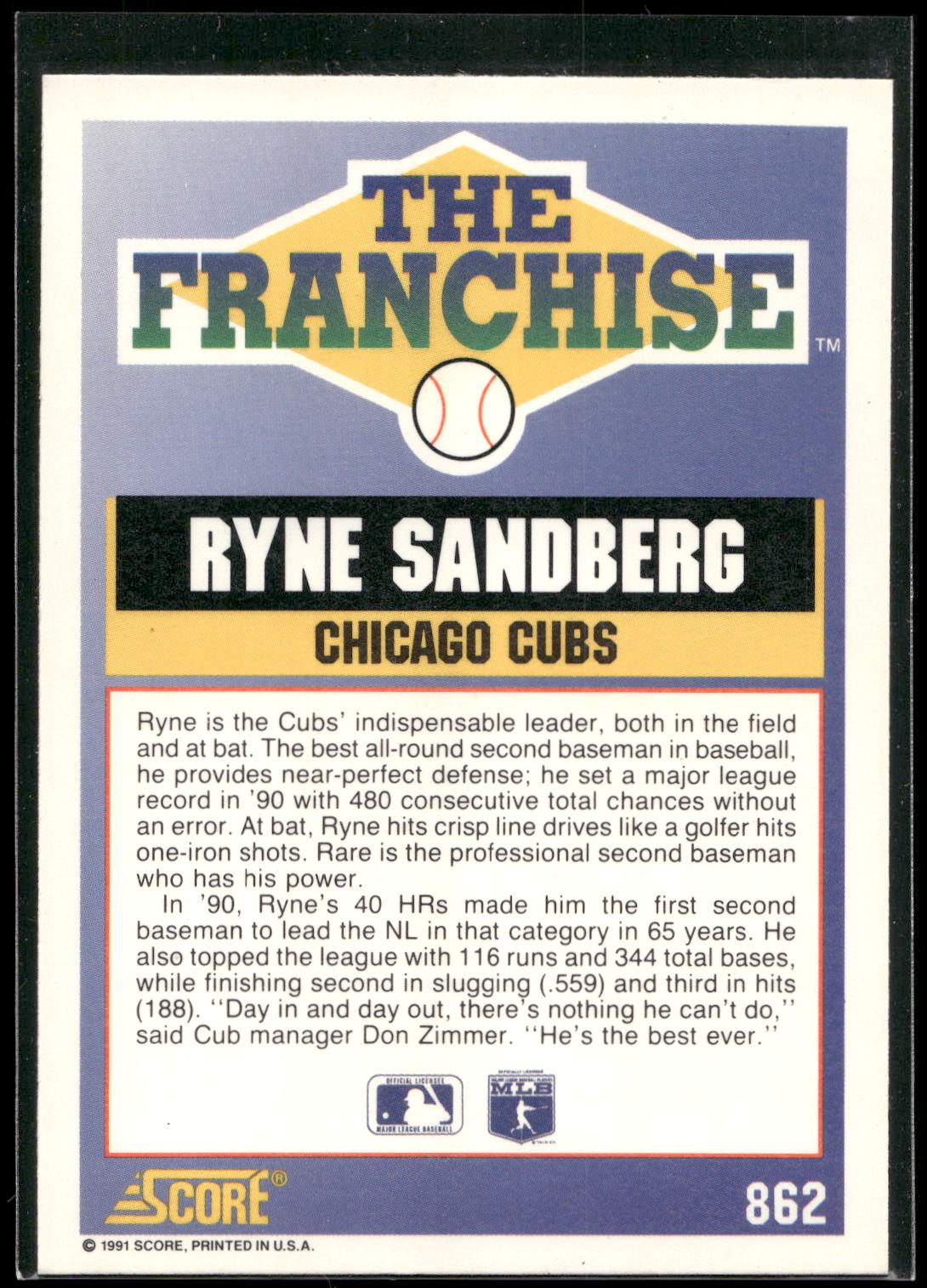 1991 Score #862 Ryne Sandberg