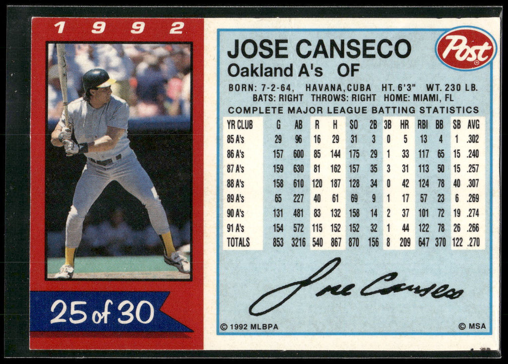 1992 Post Cereal #25 Jose Canseco